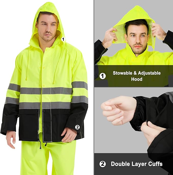 ProtectX High Visibility Waterproof Rain Gear for Men and Women, Hi Vis Reflective Safety Rain Jacket and Pant Suits Workwear