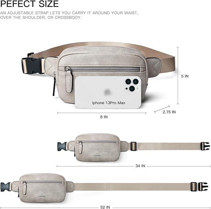 LATMAP 2L Fanny Packs Everywhere Belt Bag Small Fashion Crossbody Waist Pack Faux Leather Waterproof Sling Chest Bag For Women Trendy Grey