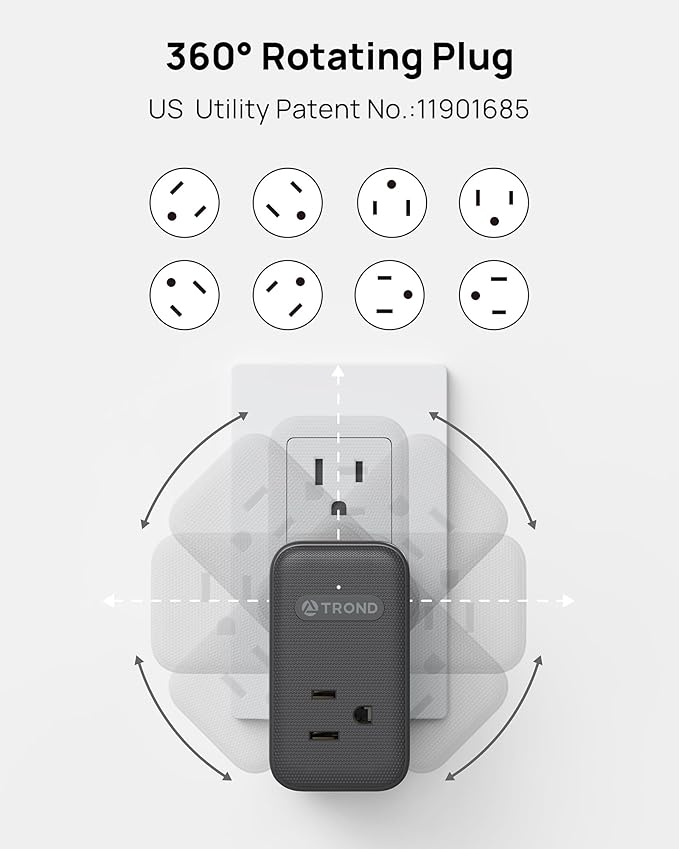 TROND Multi Plug Outlet Extender, 3 AC Outlet Adapter with 360 Rotating Plug, Black Power Splitter with PD 20W USB C Charger, A Compact Solution to Home Dorm Room Travel Cruise Essentials