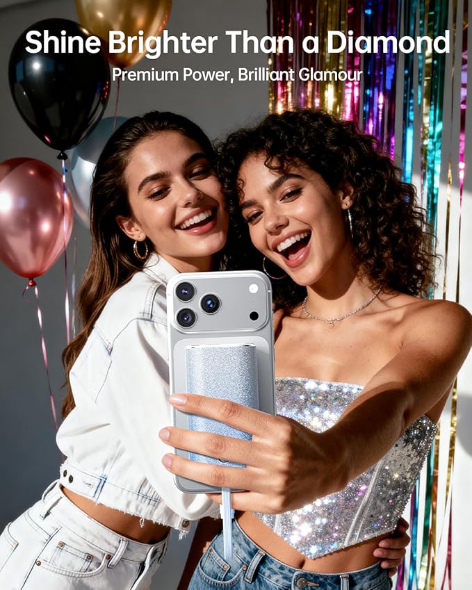 iWALK Sparkly 10000mAh Portable Charger, 22.5W Fast Charging Small Power Bank with Built-in USB-C Cable, Diamond Glitter Ultra-Compact Battery for iPhone 17/17 Pro/16/16 Pro/15, Samsung,ShinyBlue