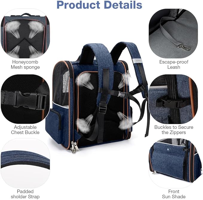 Extra Large Cat Backpack Carrier Expandable Pet Carrier Backpack for Small Dogs Medium Cats Fit Up to 18 Lbs, Dog Backpack Carrier, Foldable Puppy Backpack Carrier for Travel, Hiking,Blue