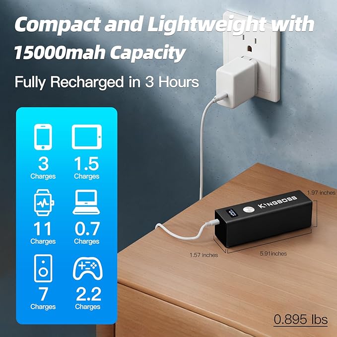 Kingboss 15000mAh LiFePO4 Power Bank, Small Portable Charger with Digital Display, 22.5W PD & USB-C Fast Charging, Dual Input/Output Backup Battery for Phone Travel Backup, Tablet, Watches, Headphone