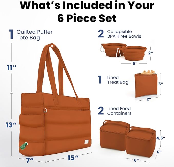 rubyloo Puffer Dog Travel Bag for Dog Moms – Doggy Diaper Bag with Pet Bowls & Food Storage or Everyday Puffy Tote – Doggy Mom Gifts for Women – Lightweight, Travel-Ready Gift for Pet Lovers - Rust