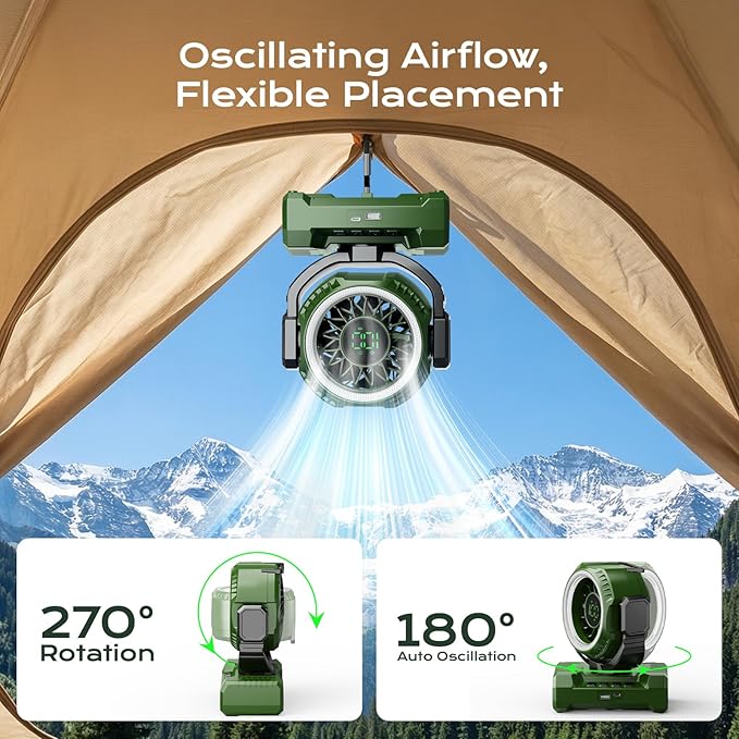 Portable Rechargeable Camping Fan, 20000mAh Battery Operated Fan with LED Light, 1-100 Stepless Speed, 1-12H Timer, Brushless Motor, Oscillating Desk Fan, Tent Fan with LED Display for Camping Travel
