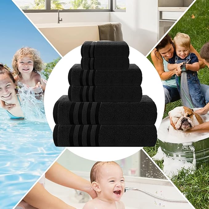 CASA COPENHAGEN Zero Twist 6Pcs 100% Egyptian Cotton Large Designer Towels Gift Set- Dark Black, 600 GSM, 2Bath 2Hand 2Washcloths, Bath Towels for Bathroom Set for Women & Men