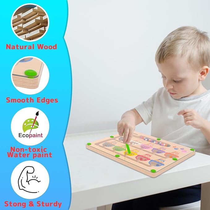 MTYOKILN Magnetic Color & Number Maze - Montessori Wooden Color Matching Learning Counting Puzzle Board - Toddler Fine Motor Skills Toys for Boys Girls 2 3 4 Years Old