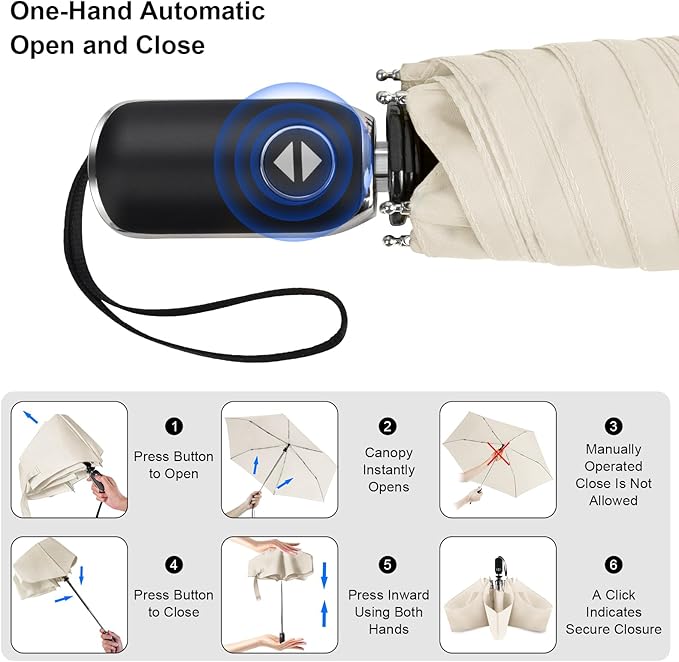 Compact Travel Umbrella for Purse - Flat Handle, Waterproof for Light Rain