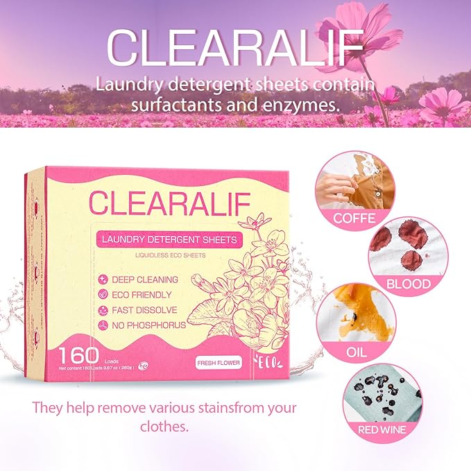 Laundry Detergent Sheets Up to 160 Loads, Fresh Flower - Great For Travel,Apartments, Dorms,CLEARALIF Laundry Detergent Strips Eco Friendly & Hypoallergenic - 80 Sheets