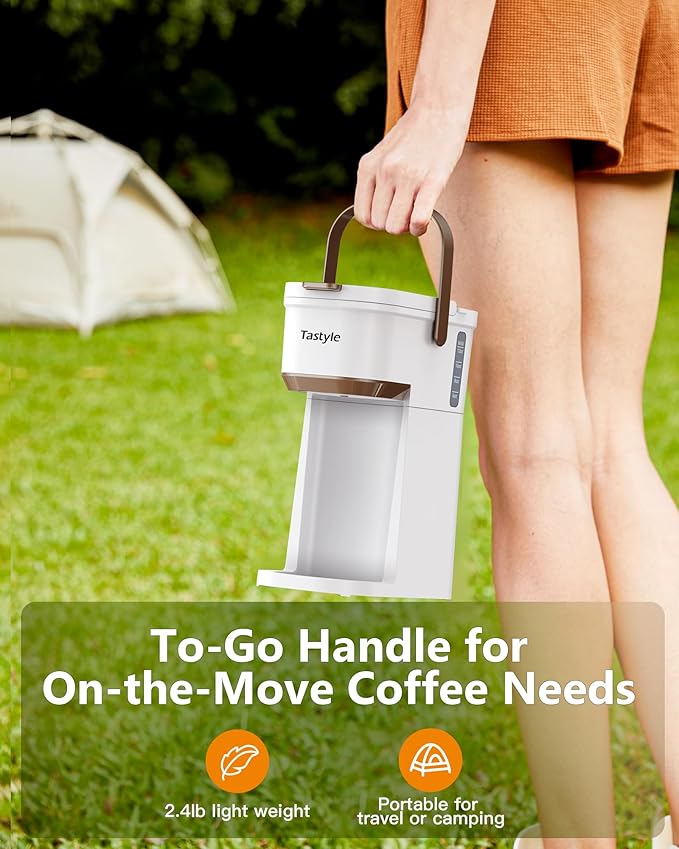 Tastyle Single Serve One Cup Coffee Maker, for K Cups and Grounds, Mini Coffee Maker with Portable Handle, 6 to 12 Oz Brew Size, for Travel, Camping, Office, RV and Dorm, 120V, White and Brown