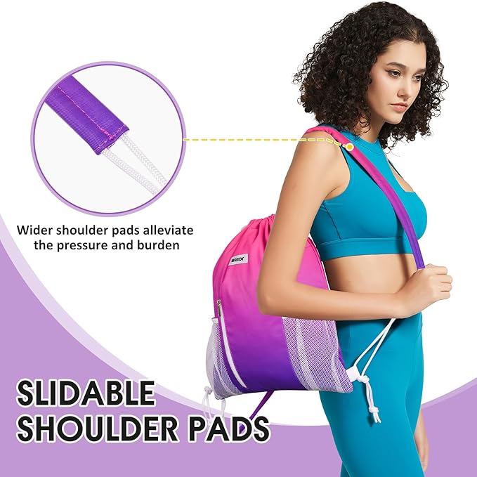 WANDF Drawstring Backpack with Shoulder Pad Sports Gym Backpack with Mesh Pocket String Bag for Women Men(Rose Gradient)
