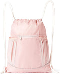 Amazon Basics Drawstring Lightweight Gym Bag Soccer Backpack with Zipper Pouch, Mesh Side Pockets for Water Bottle, Large, Pink