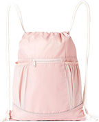 Amazon Basics Drawstring Lightweight Gym Bag Soccer Backpack with Zipper Pouch, Mesh Side Pockets for Water Bottle, Large, Pink