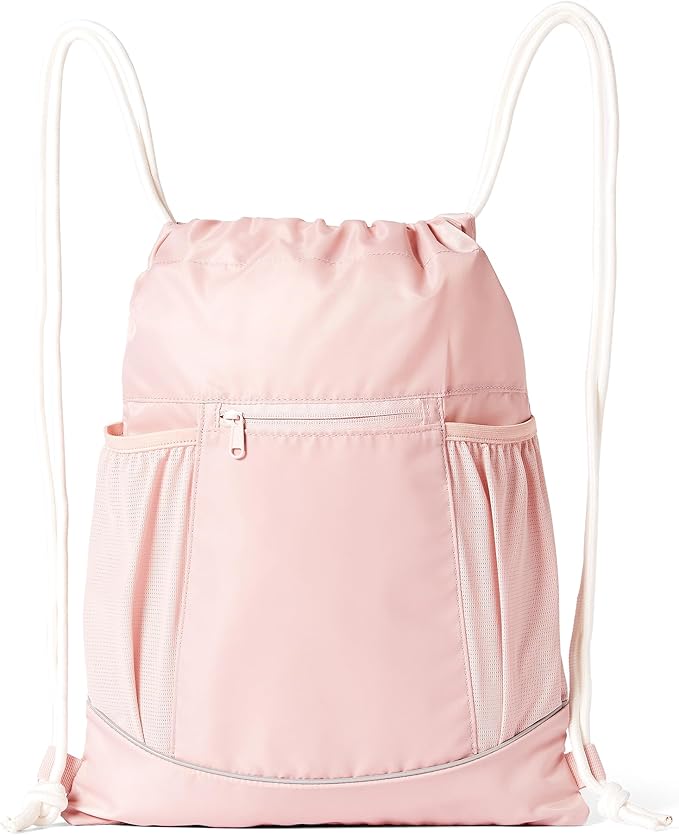 Amazon Basics Drawstring Lightweight Gym Bag Soccer Backpack with Zipper Pouch, Mesh Side Pockets for Water Bottle, Large, Pink