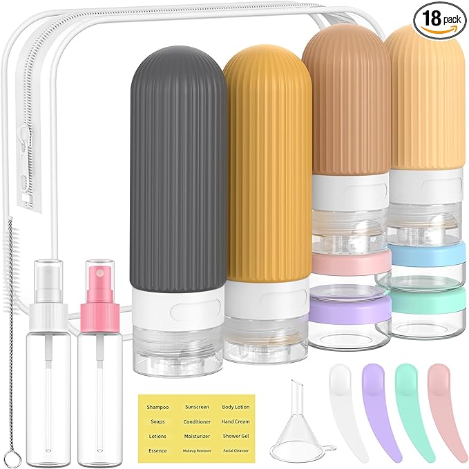ME.FAN 18 Pack Travel Bottles for Toiletries, TSA Approved Silicone Portable Size Bottle, Refillable Cosmetic Container Kits for Conditioner, Shampoo, Lotion,Face Cream - Yellow