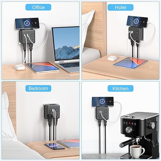Multi Plug Outlet Extender with 2 USB-A + 2 USB-C & Phone Holder, HITRENDS 1875W/16A 4-Outlet Extender, Non Surge Protector Travel Cruise Ship Essentials, Electrical Wall Splitter for Home Office