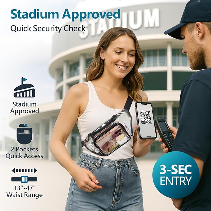 Veckle Clear Fanny Pack Stadium Approved - Adjustable 33-47 Inch Strap, Transparent Belt Bag for Women Men Fits 7.5-inch Smartphone, Waist Bag Clear Bag for Stadium Events, Sport, Concerts, Black