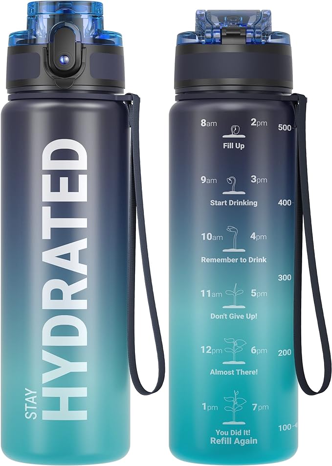 Sahara Sailor Water Bottle, 32/25/17oz Durable and Leakproof Water Bottles Motivational with Time Marker, Tritan, BPA Free, Wide Mouth with Easy Clean Brush for Gym, Travel, School, Office (1 Bottle)