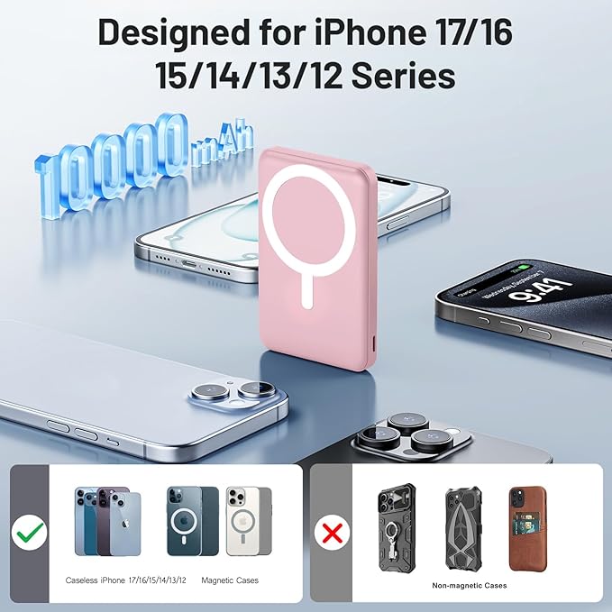 AOGUERBE for MagSafe Portable Charger, 10000mAh Magnetic Power Bank 22.5W Fast Charging, Mini Battery Pack Wireless with LED Display&Foldable Stand for iPhone 17/16/15/14/13/12 Series (Rose Pink)