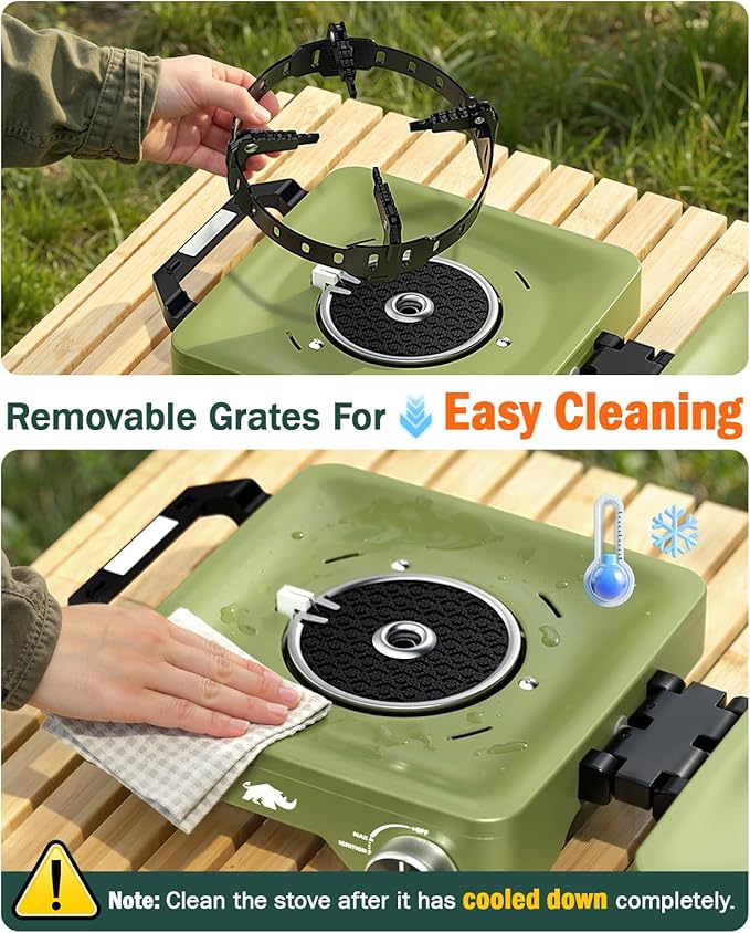 2 Propane Burners Camping Stove, 30,000 BTU Folding Camp Stove with Windproof Grates and Frying Pan, Portable Camping Stoves with Carrying Bag, Camping Essentials for Tailgating/Grilling/Coffee, Green