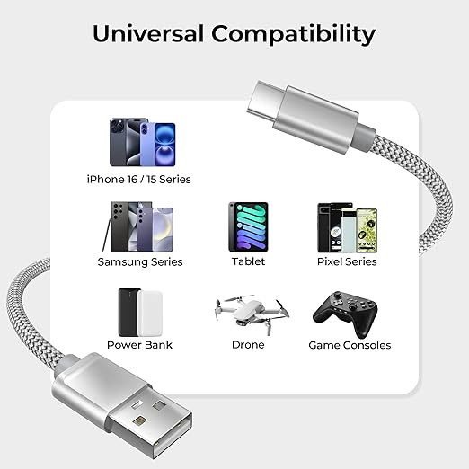 Basesailor for iPhone 17 16 Pro Max Charger Cord,USB to USB C Cable,Type C Charging Power Cord for Apple 17e 15 iPad 10 Air 4 5,Samsung Galaxy S26 S25 S24 S23,Silver,2Pack 3.3FT(1M)