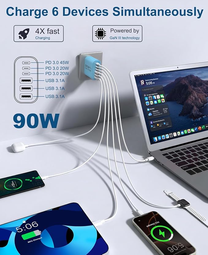 90W GaN USB C Charger Block [2 Pack], 6-Port USB C Wall Charger Fast Charging 45W PD Power Adapter for MacBook Air/iPad Pro/iPhone 17 Pro Max/Samsung Galaxy S24 Ultra/Tabs for Home Travel