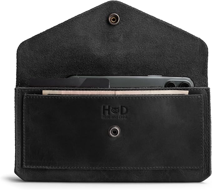 Hide & Drink, Full Grain Leather Large Female Wallet, Travel Organizer for Women, Vintage Money and Card Holder, Handmade, Charcoal Black