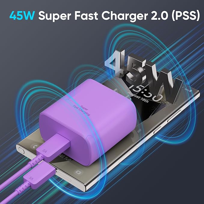 45W Super Fast Charger USB C Android Phone Type C Charger Fast Charging Block with 10FT Cord for Samsung Galaxy S26/S26 Ultra/S26+/S25 Ultra/S25/S24 Ultra/S24/S23 Ultra/S22/S21/S20/Note 10, Purple