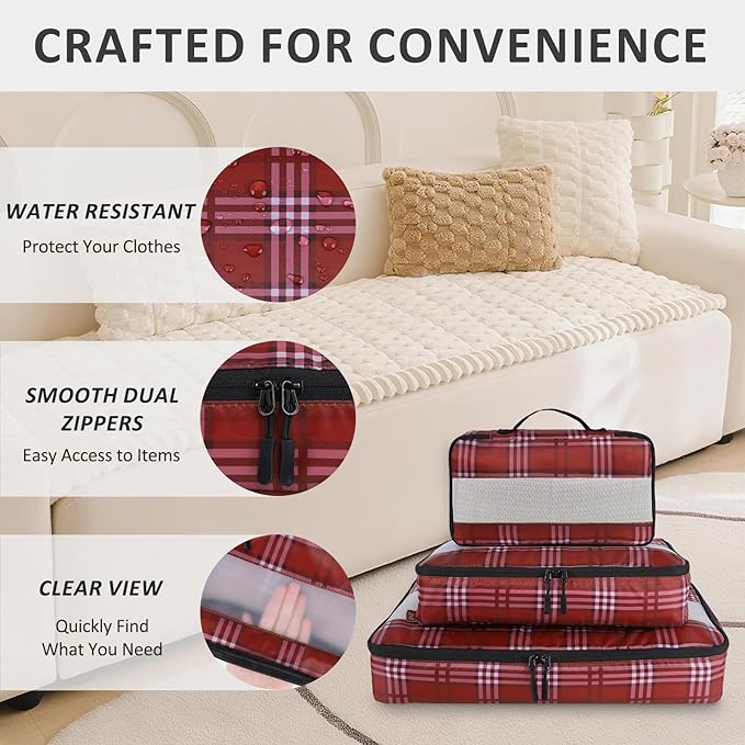 U+U 5 Set Packing Cubes for Travel Essentials Ultralight Luggage Packing Organizers with Laundry Bag and Shoe Bag for Vacation, Business Trip and Camping (Burgundy Checkered)