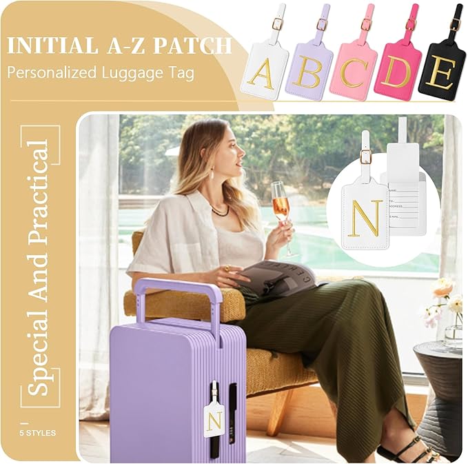 Personalized Initial Luggage Tags for Suitcase TSA Approved, White Leather Cute Luggage Tag with Privacy Cover Name Card, Embroidered Custom Luggage Tags Travel Baggage Tags Gifts for Women Kids(N)