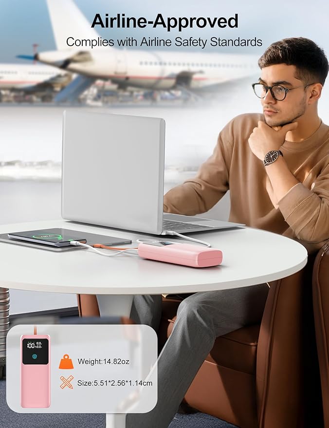 Laptop Power Bank, 24000mAh 65W Fast Charging Portable Charger with Built-in Cable, USB C Battery Pack with LED Display, Travel Essential External Battery Bank for Macbook/Notebook/Tablet/Phone Pink