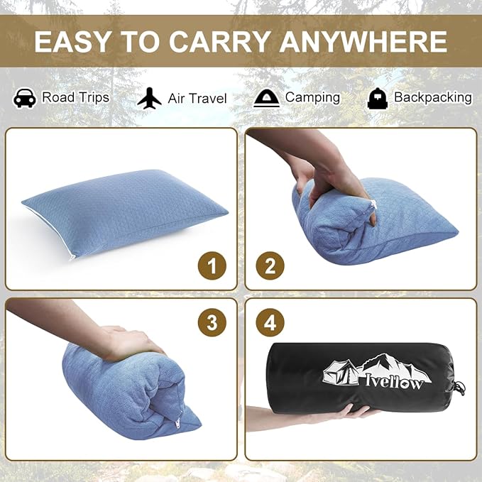 Ivellow Memory Foam Travel Pillow Compressible Camping Pillow for Sleeping Shredded Memory Foam Pillow Compact Firm Supportive Travel Pillow for Adults Kids Outdoor Hiking Essential Gear Blue-S