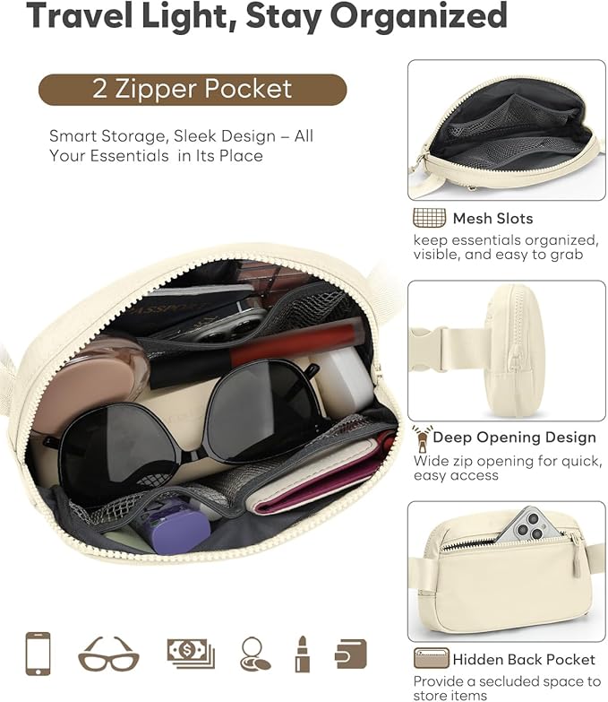 Pritent Fanny Packs for Women Cross Body Bag Waterproof Belt Bag with Adjustable Strap and Zipper Back Pocket Small Crossbody Bags Fashion Waist Packs for Workout Travelling(Ivory, Large)