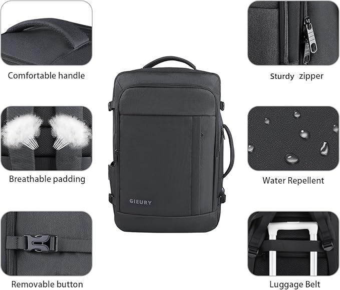 Gieury Carry On Backpack, 50L Travel Backpack, Luggage Backpack TSA Flight Approved Laptop Backpack for Men & Women, Large Expandable 40L Daypack Lightweight Business Weekender Bag, Black
