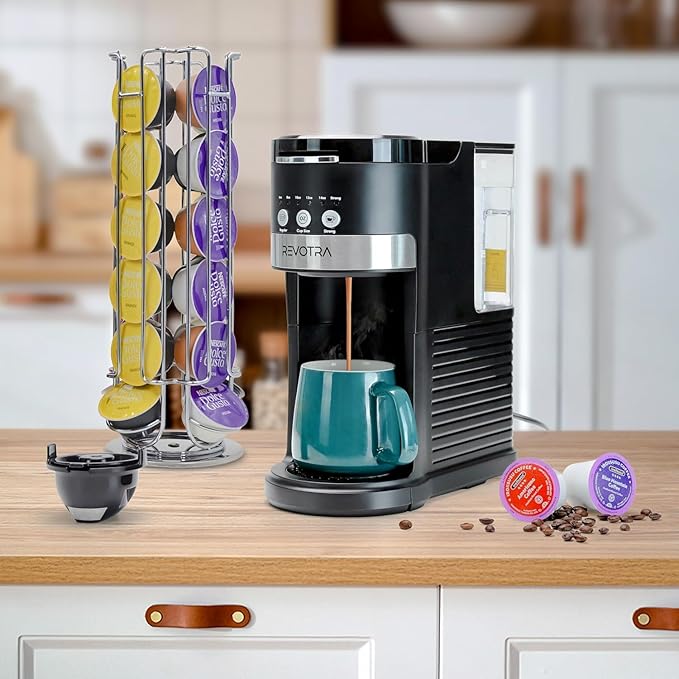 REVOTRA Single Serve Coffee Maker for Pods & Ground Coffee, 6 to 14oz Brew Sizes, Strong Brew Option, Fast Brewing, Compact Design with Removable 40oz Reservoir, Travel Mug Friendly