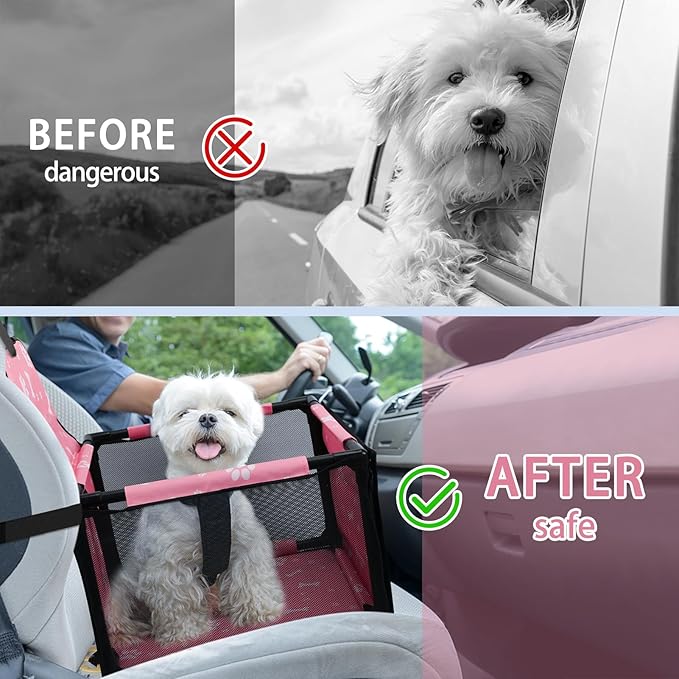 Dog Car Seat Foldable Dog Car Booster Seat Waterproof Breathable Oxford Travel Bag for Small to Medium Dogs, Puppies, and Pets-Pattern Pink-Upgrade