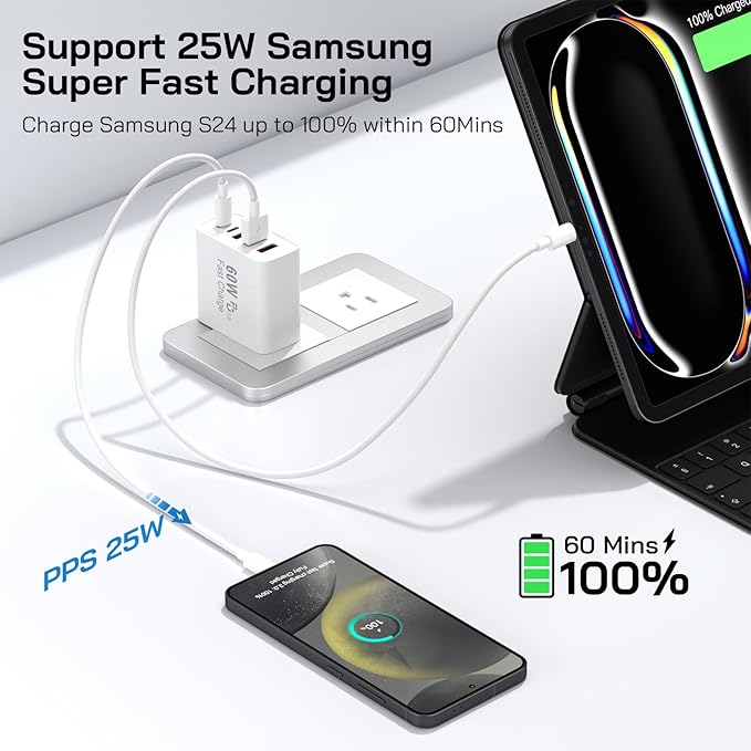 3Pack USB C Fast Charger Block, Total 60W 5-Port USB C Wall Charger 30W Type C Charging Block, 2USB C+3USB A PD 3.0 Multiport Charging Cube for iPhone 17 16 15 14 Pro Max, G-alaxy S26 S25 Ultra, i Pad