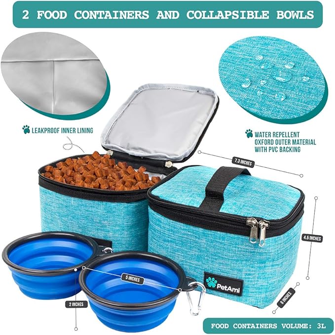 PetAmi Dog Travel Bag, Travel Pet Bag Organizer, Dog Food Travel Bag with Container Collapsible Bowls, Pet Travel Supplies Gift Accessories for Weekend Camping, Puppy Cat Diaper Bag, Teal Blue Medium
