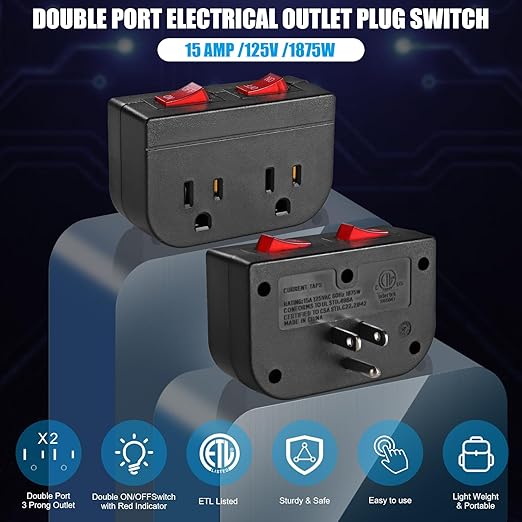 Grounded Outlet with Double ON Off Switch, VSEER 2 Port Electrical Outlet Plug Switch 15A 1875W / Wall Tap Adapter with Daul Red Indicator, ETL Listed (Black 1-Pack)