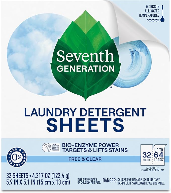 Seventh Generation Laundry Detergent Sheets 32ct Free & Clear Removes Tough Stains Safer for your family (Pack of 8)