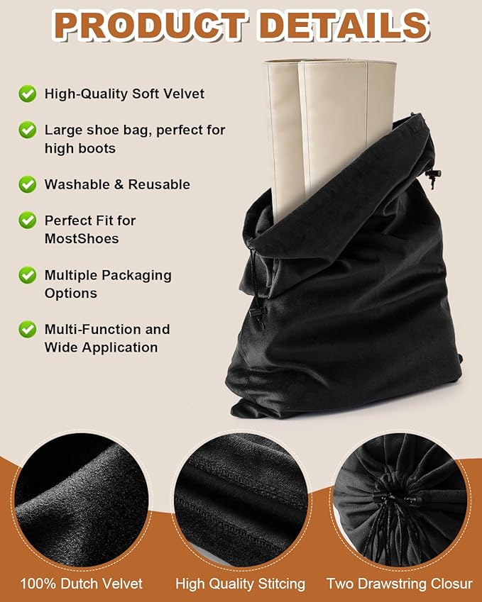 2 Pcs Shoe Bags for Travel, 21.2"x13.3" Large Boot Bags for Cowboy Boots, Washable Velvet Dust Bag with Drawstring for Dress Shoes, Handbags and Clothing, Suitable for Travel and Home Storage