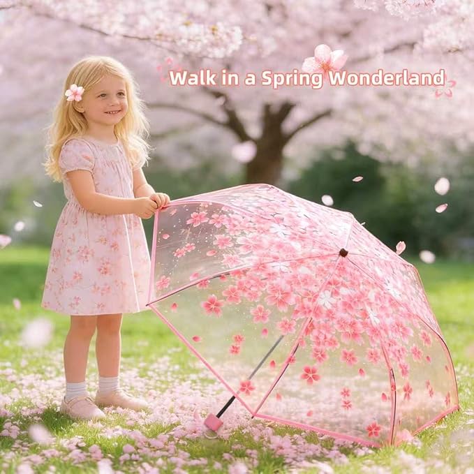 6 Pack Cherry Blossom Umbrella Clear Folding Travel Transparent Floral Rain Umbrellas For Adult Kids Girls Romantic Flower Wedding Decoration Auto Open Umbrella