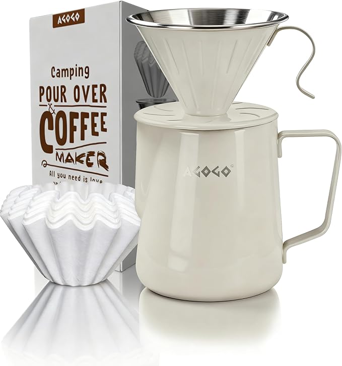 AGOGO Pour Over Coffee Maker Set - Unbreakable 304 Stainless Steel V60 Dripper & Server for Camping & Party, Includes 50 Paper Filters & Barista Towel - Cream White - 30oz