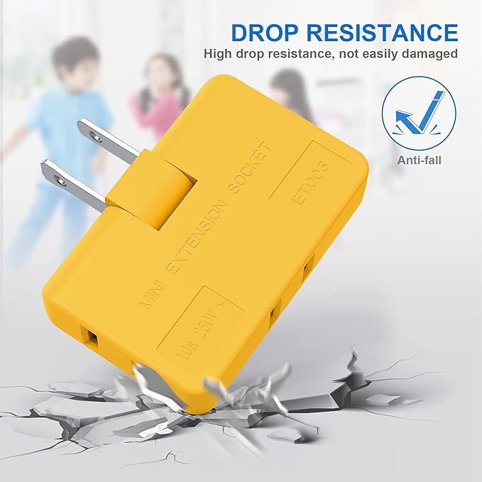 ETwinCoo 3 Way Flat Plug Adapter-2 Prong Swivel Indoor Mini Wall Tap Power Outlet Extender, Rotating Wall Plug (Quick & Space Saving) Perfect for Home, School, Office, Travel, Type A, Yellow (2 Pack)