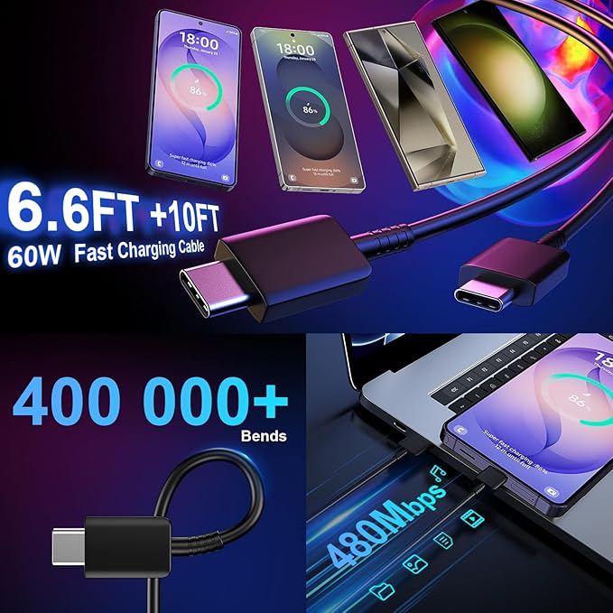 USB C Android Charger Fast Charging Cord, Super Fast Phone Chargers 10FT+6.6FT C to C Type Cable with 25W USBC Wall Block for Samsung Galaxy S26 S25 S24 Ultra Plus/S23/S22/S21/S20/Note 20/10, Black
