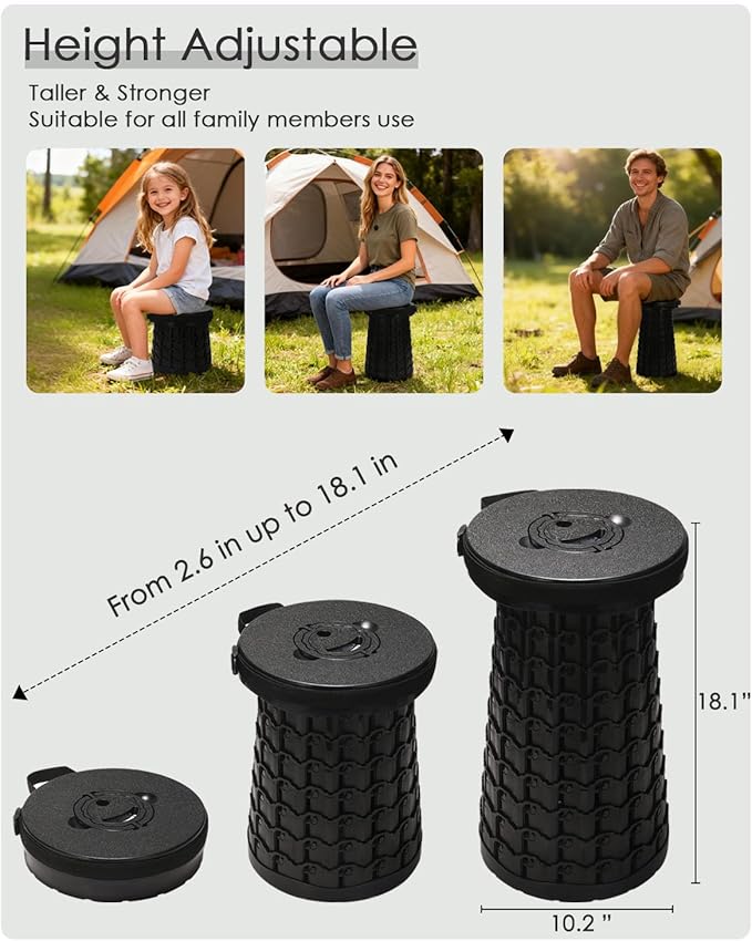 Upgraded Collapsible Stool with Cushion, 800 lbs Heavy Duty Capacity & Lightweight 2.6 lbs, 18-Inch Portable Retractable Folding Stool for Adults, Camping, Fishing, Hiking, BBQ, Travel, Outdoor Events