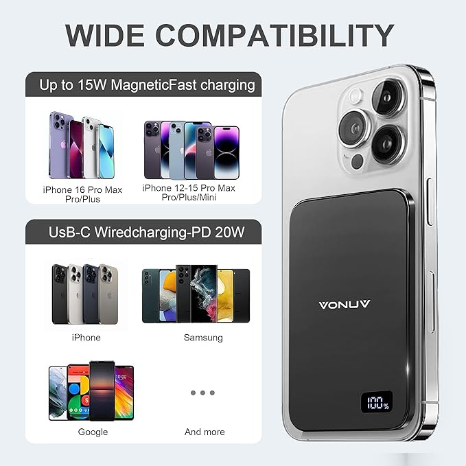 Magnetic Portable Charger 5000mAh, 15W Ultra Slim Wireless Portable Charger, Fast Charging for iPhone 17/16/15/14/13/12 Pro/Pro Max/Plus, Metal Shell, USB-C Cable to Charge Other Phones (Grey)