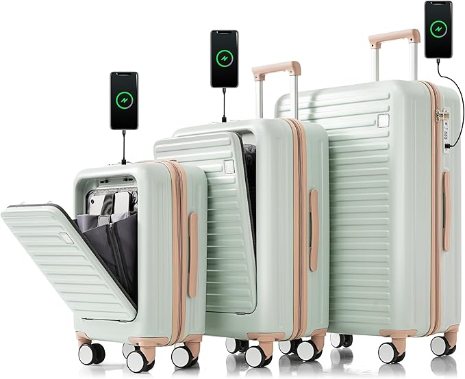 Merax 3 Piece Luggage Set Spinner Hardshell Lightweight TSA Lock and USB Port, Cup Holder, 20inch or 24inch with Front Opening Design, Light Green