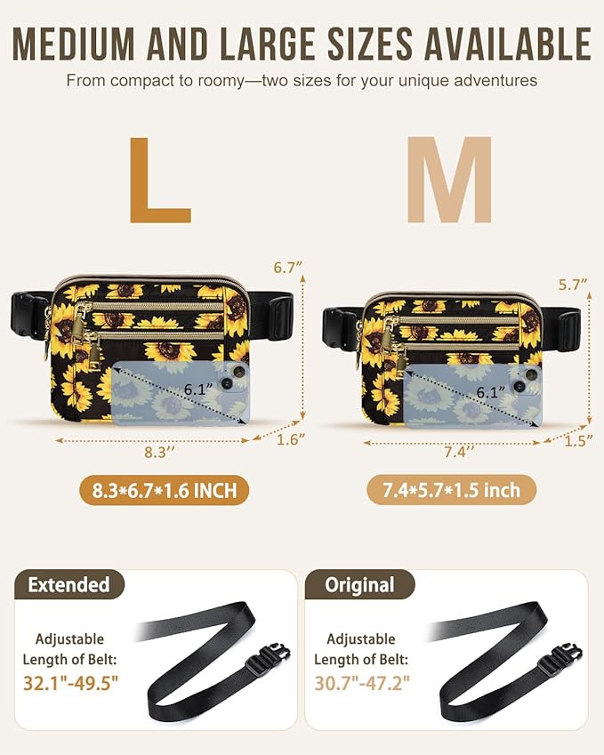 Capolo Fanny Packs for Women Fashion Waist Packs Bag with Adjustable Strap and 4 Zipper Pockets Waterproof Everywhere Crossbody Belt Bag for Workout Running Travelling(Sunflower, Large)
