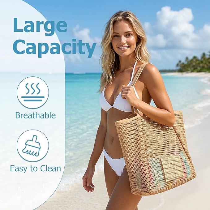 Iioscre Beach Bag for Women, Causal Hobo Pool Bags with Zipper Inner Pocket, Foldable Swim Tote Bag for Vacation Essentials