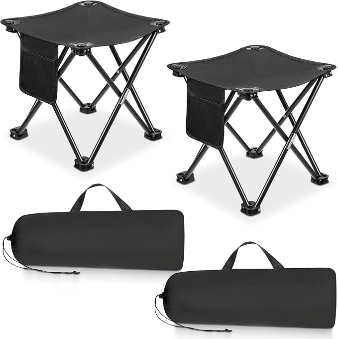 2 Pack Camping Stool 13 Inch Portable Folding Camp Stool with Side Pocket for Camping Fishing Hiking Gardening Outdoor Walking, Foot Stools with Carry Bag, Black